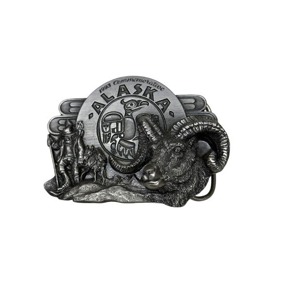 Vintage Silver Belt Buckle ALASKA Siskiyou Buckle Co 1993 Western Pewter Ram - Picture 1 of 4
